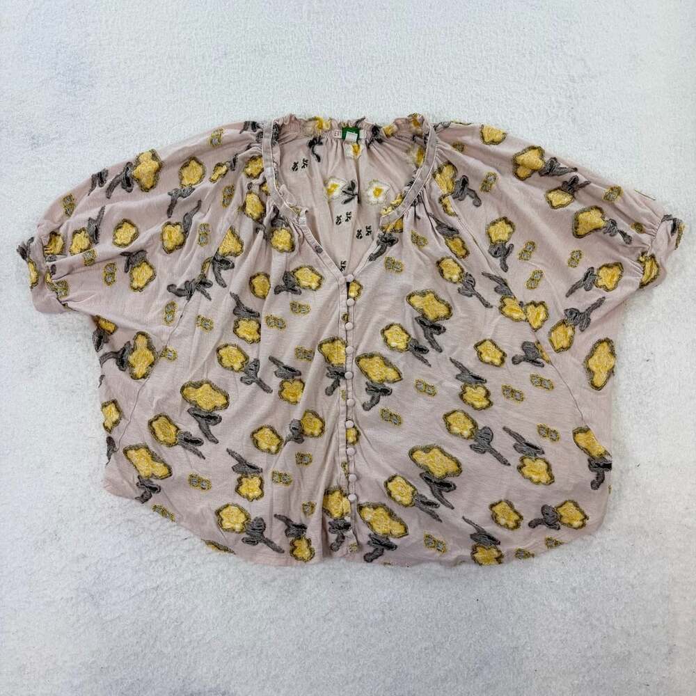 Anthropologie ETT TWA Yellow Floral Shirt Top Blouse Boxy Beige Tan Sz XS - Picture 2 of 7